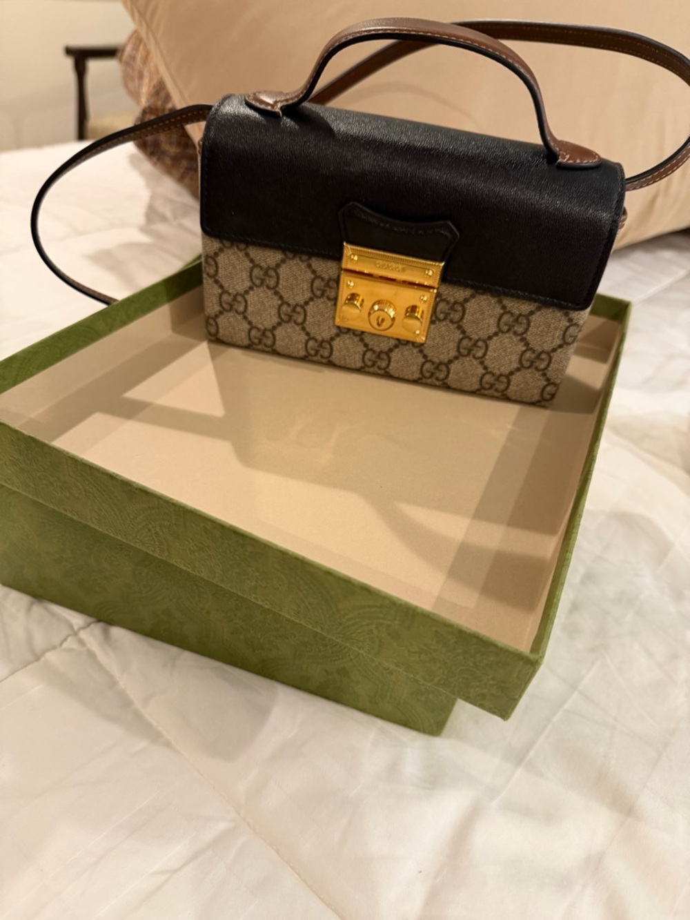 Gucci Black Leather & Beige GG Supreme Mini Top Handle Bag with Gold Hardware